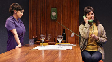 Two women indoors by a wooden counter; one stands smiling in a purple dress, while the other sits, wearing a jumper, and talks on a green rotary telephone. Wine glasses and a bottle are on the counter. Vintage décor.