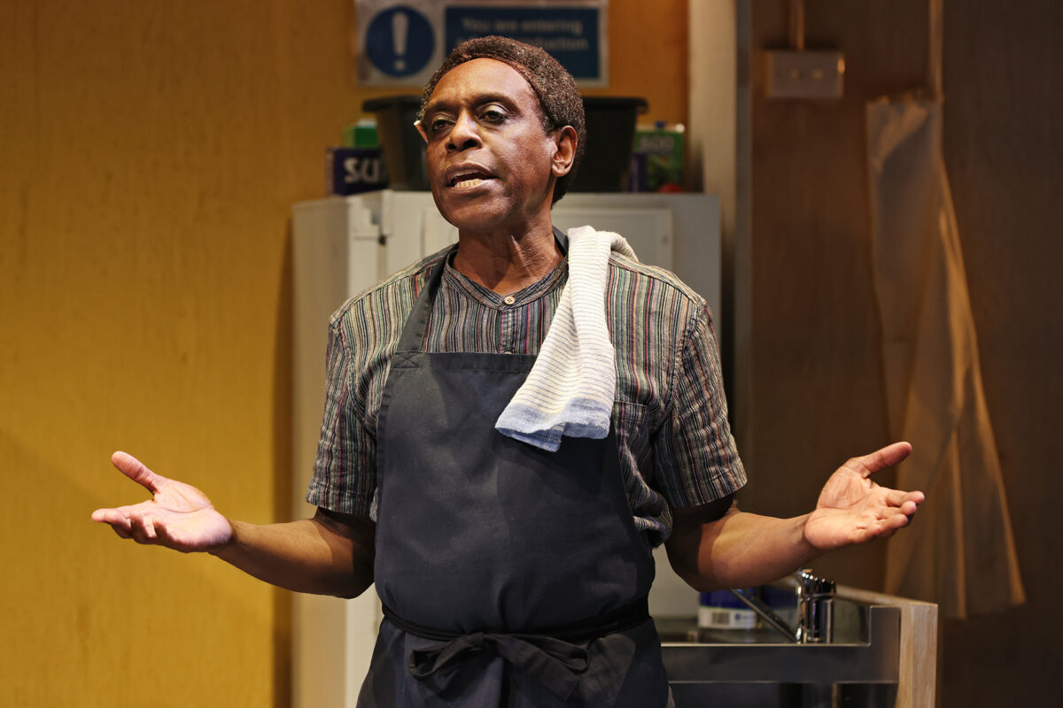A man wearing a striped shirt, a dark apron, and a towel over his shoulder stands in a kitchen, gesturing with open hands and an expressive face. A fridge and kitchen items are visible in the background.