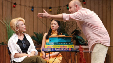 Three adults sit around a table stacked with board games. A man stands, gesturing animatedly towards two seated women, one looking at him sceptically, the other appearing surprised. Colourful fairy lights hang behind them.
