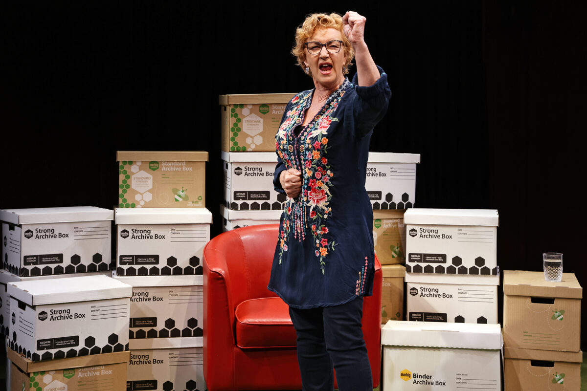 A woman with curly hair and glasses stands beside a red armchair, gesturing passionately. She is surrounded by stacked archive boxes and a glass of water is on a small table nearby.