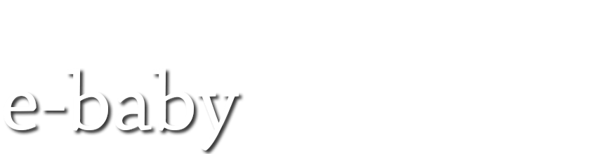 White text reads e-baby with a shadow effect, positioned in the lower left corner against a solid blue-grey background.